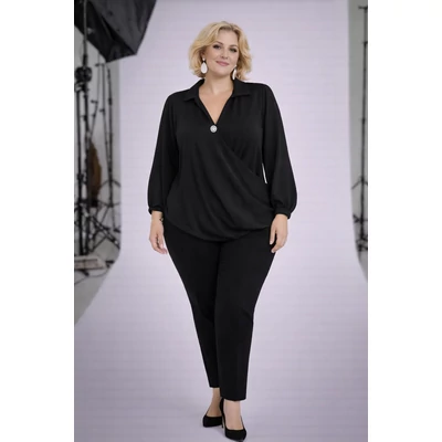 Átlapolt, gombos, gumis blúz- FEKETE-50-56 méret 