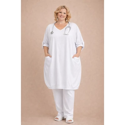 V-nyakas, hosszú ujjú tunika - FEHÉR - 50-56-os méretig