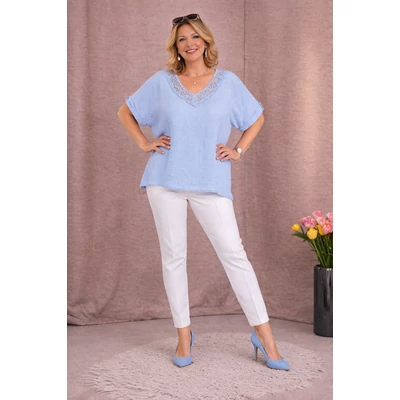 Lenvászon, V-nyakas, HORGOLT díszítésú felső - BABAKÉK - 48-54 méret