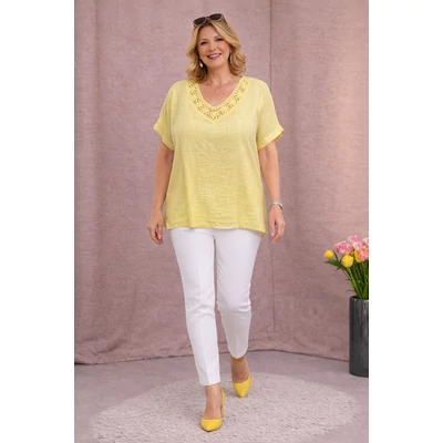 Lenvászon, V-nyakas, HORGOLT díszítésú felső - VANÍLIA - 48-54 méret