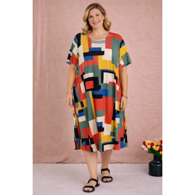 Színes geometriai mintás midi ruha 46-50 méret