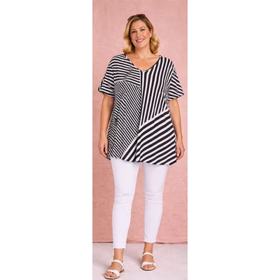 Selyempamut V-nyakú FEKETE-FEHÉR csíkos felső-50-60 méret