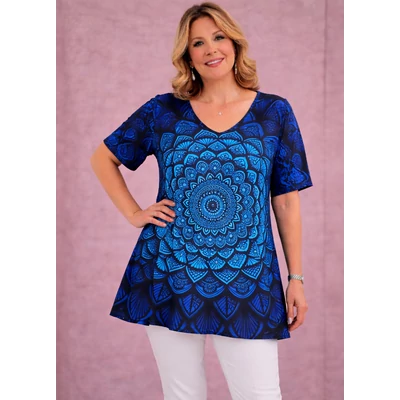 Selyempamut V-nyakú KÉK MANDALA mintás felső-50-60 méret