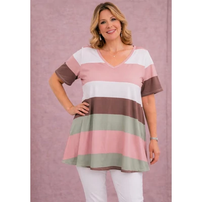 Selyempamut V-nyakú PÚDER/KHAKI csíkos felső-50-60 méret