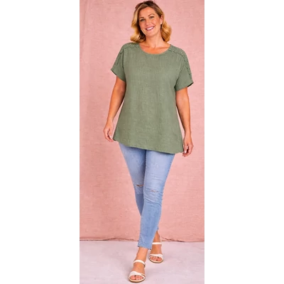 Vállán HORGOLT berakásos, pamutgéz felső - KHAKI- 48-54 méret