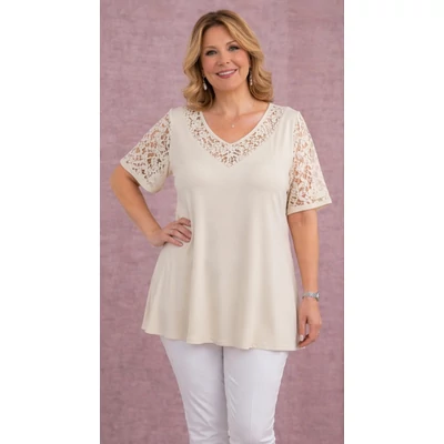 Csipkés ujjú, V-csipke nyakas tunika -BÉZS- 50-60 méret