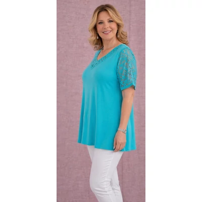Csipkés ujjú, V-csipke nyakas tunika -TÜRKIZ- 50-60 méret