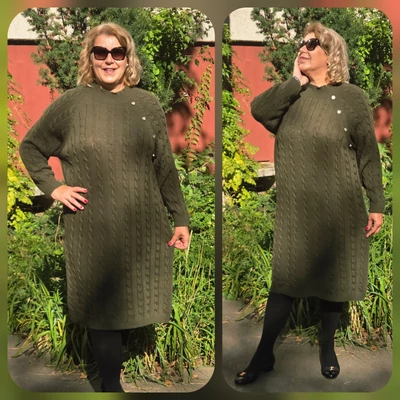 FONOTT mintás, ARANY gombos, kötött MIDI ruha - KHAKI - 48-52 méret