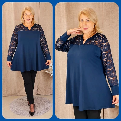 Csipke vállas+hosszú ujjas felső - SÖTÉTKÉK - 48-58 méret