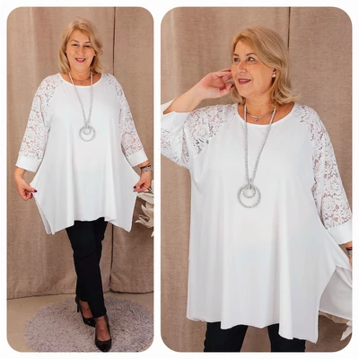 KEREK nyakú, CSIPKE ujjas felső - FEHÉR - 50-56 méret 