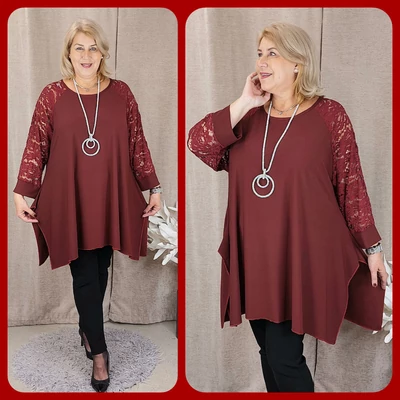 KEREK nyakú, CSIPKE ujjas felső - BORDÓ - 50-56 méret 