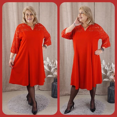 AMÁLIA Csipke vállas+ujjas egyberuha - PIROS - 50-56 méret