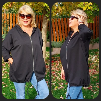 Kapucnis, zsebes szabadidő felső, FEKETE 48-54-es méretben