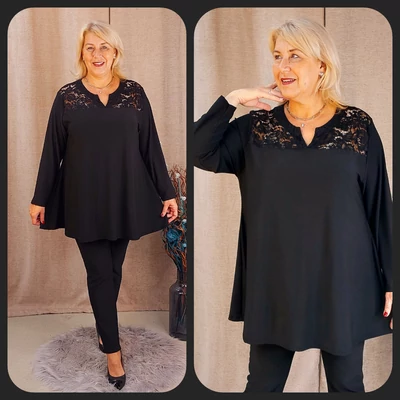 Csipke vállas+hosszú ujjas felső - FEKETE - 48-58 méret