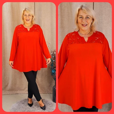 Csipke vállas+hosszú ujjas felső - PIROS - 48-58 méret