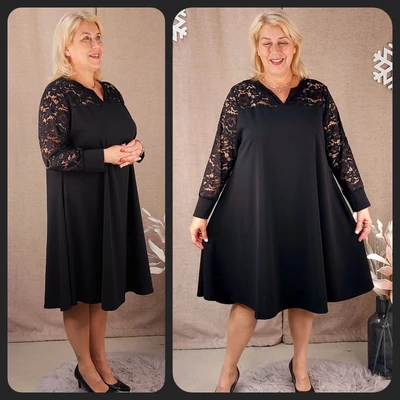 Csipke vállas+ujjas ALKALMI RUHA - FEKETE - 50-58 méret