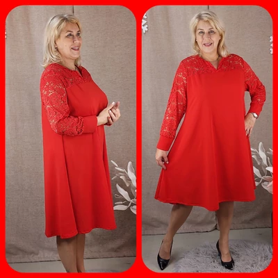 Csipke vállas+ujjas ALKALMI RUHA - PIROS - 50-58 méret