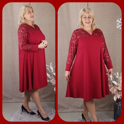 Csipke vállas+ujjas ALKALMI RUHA - BURGUNDI - 50-58 méret