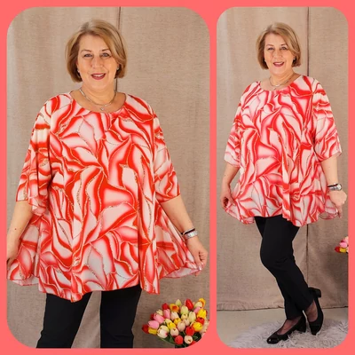 MÁRVÁNY mintás, muszlin blúz - PIROS - 48-54 méret