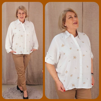 Hímzett, bézs virág mintás FEHÉR blúz - 44-48-as méret