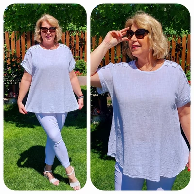 Vállán HORGOLT berakásos, pamutgéz  felső - FEHÉR - 48-54 méret