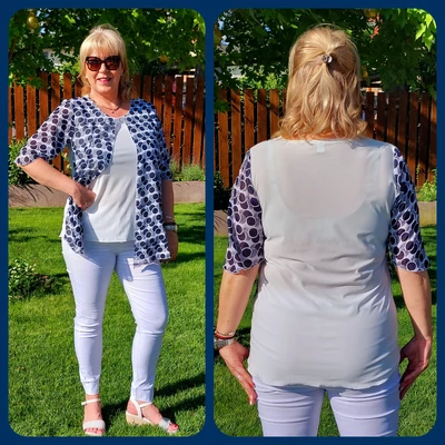 2in1, Sötétkék&Fehér karika mintás muszlin blúz 