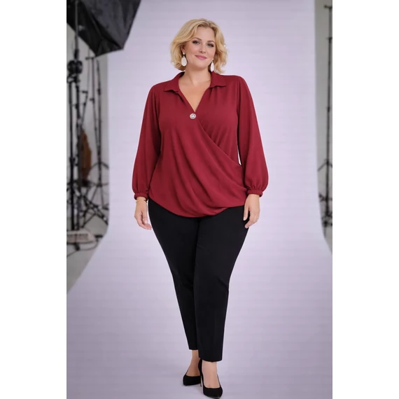 Átlapolt, gombos, gumis blúz- BORDÓ-50-56 méret 