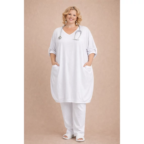 V-nyakas, hosszú ujjú tunika - FEHÉR - 50-56-os méretig