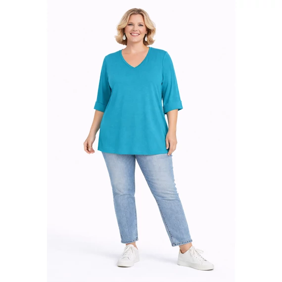 Ujján, alján passzés V nyakú pamut felső - TÜRKIZ - 48-54 méret 