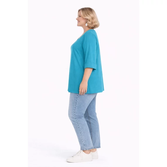 Ujján, alján passzés V nyakú pamut felső - TÜRKIZ - 48-54 méret 