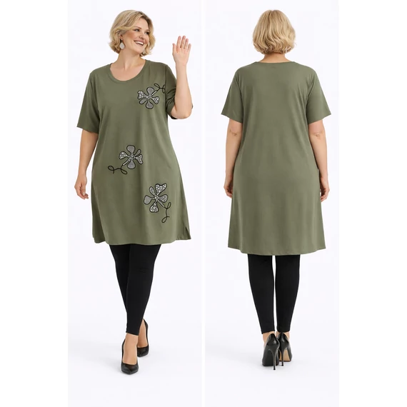 Strasszos, virágos pamut ruha- KHAKI