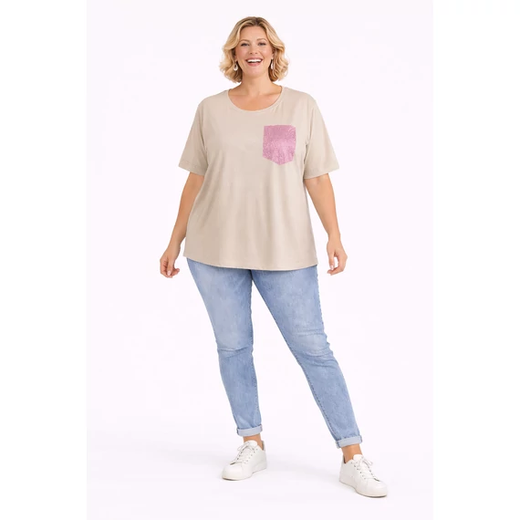 Csillogó zsebes póló - BÉZS- 48-56 méret