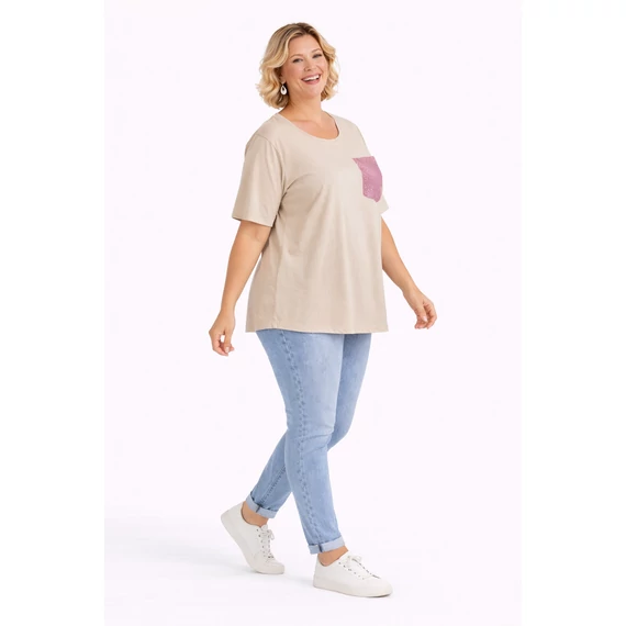 Csillogó zsebes póló - BÉZS- 48-56 méret