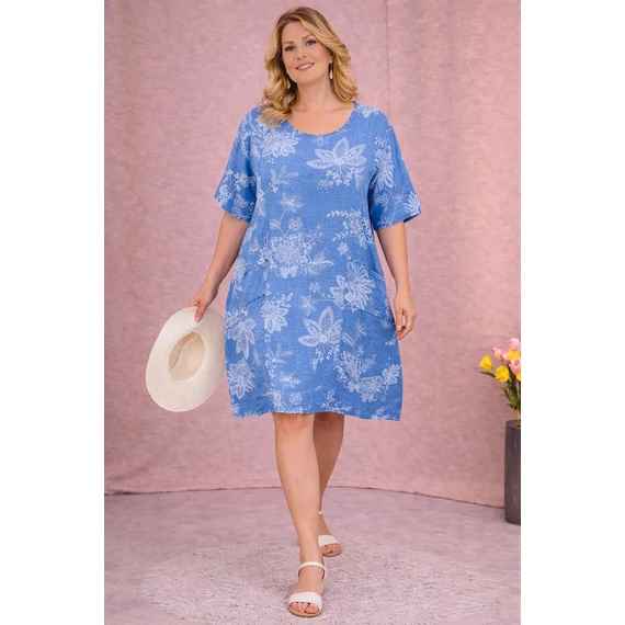 VIRÁGCSOKOR mintás, lenvászon ruha - FARMERKÉK - 48-52 méret