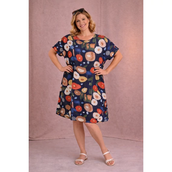 Aquarell virág mintás, nyári ruha - SÖTÉTKÉK - 48-54 méret