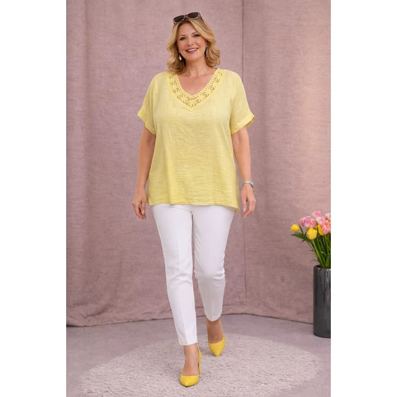 Lenvászon, V-nyakas, HORGOLT díszítésú felső - VANÍLIA - 48-54 méret