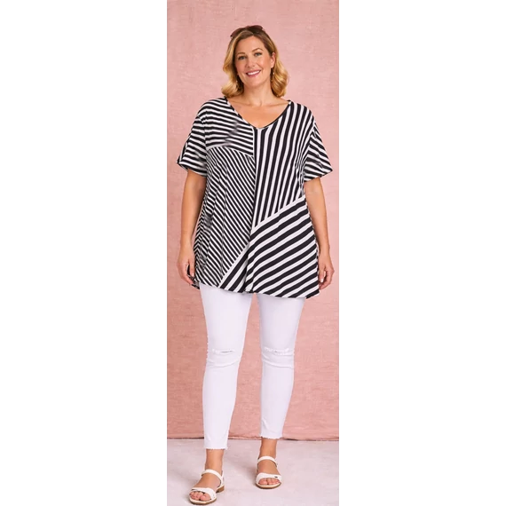 Selyempamut V-nyakú FEKETE-FEHÉR csíkos felső-50-60 méret