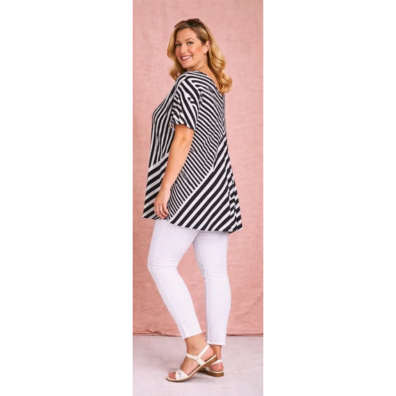 Selyempamut V-nyakú FEKETE-FEHÉR csíkos felső-50-60 méret