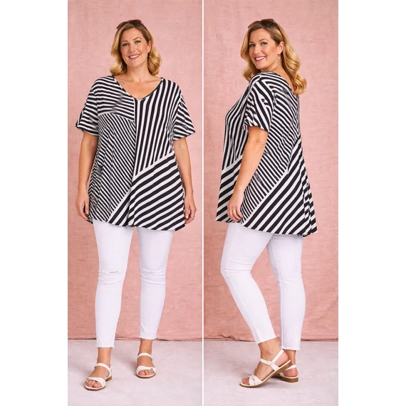 Selyempamut V-nyakú FEKETE-FEHÉR csíkos felső-50-60 méret