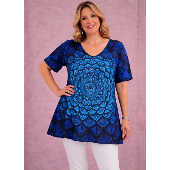 Selyempamut V-nyakú KÉK MANDALA mintás felső-50-60 méret