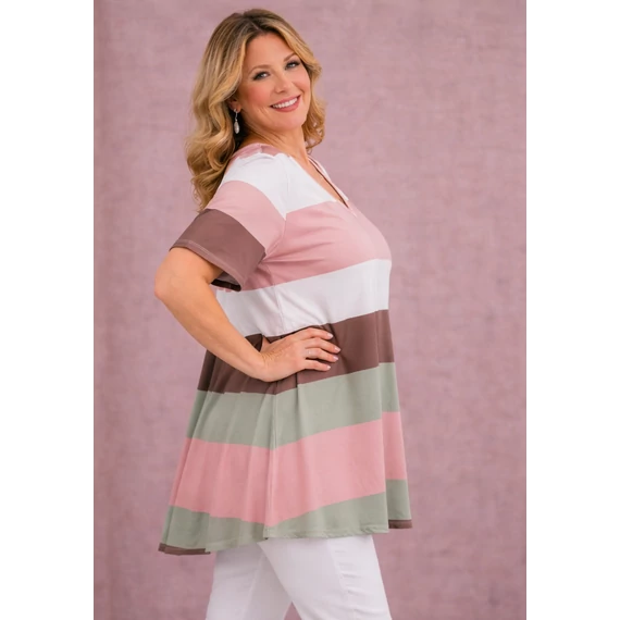 Selyempamut V-nyakú PÚDER/KHAKI csíkos felső-50-60 méret