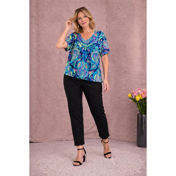 Selyempamut V-nyakú kék/rózsaszín kasmír mintás felső-50-60 méret