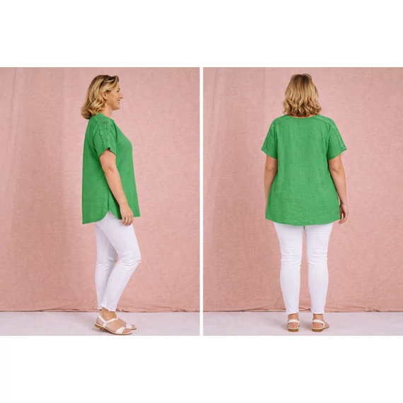 Vállán HORGOLT berakásos, pamutgéz felső - FŰZÖLD- 48-54 méret