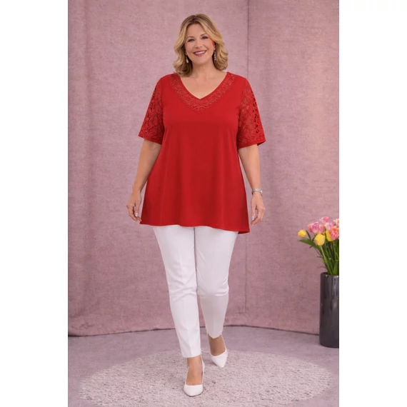 Csipkés ujjú, V-csipke nyakas tunika -PIROS- 50-60 méret