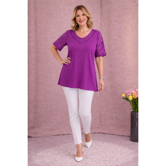 Csipkés ujjú, V-csipke nyakas tunika -PÜSPÖKLILA- 50-60 méret