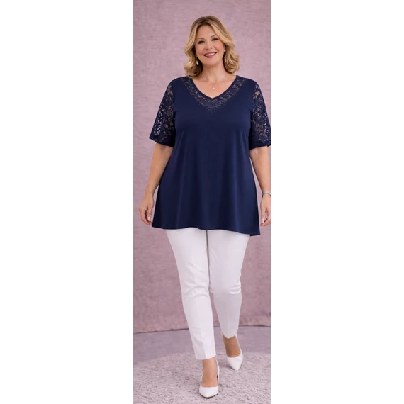 Csipkés ujjú, V-csipke nyakas tunika -SÖTÉTKÉK- 50-60 méret