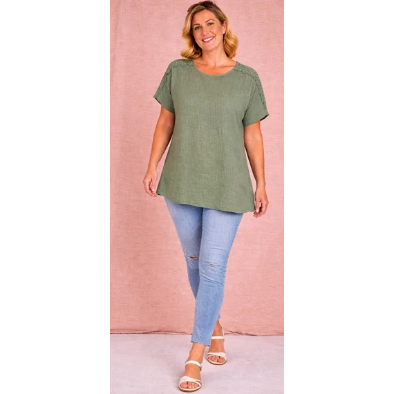 Vállán HORGOLT berakásos, pamutgéz felső - KHAKI- 48-54 méret