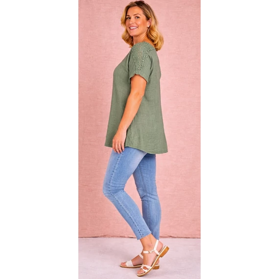 Vállán HORGOLT berakásos, pamutgéz felső - KHAKI- 48-54 méret