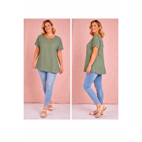 Vállán HORGOLT berakásos, pamutgéz felső - KHAKI- 48-54 méret