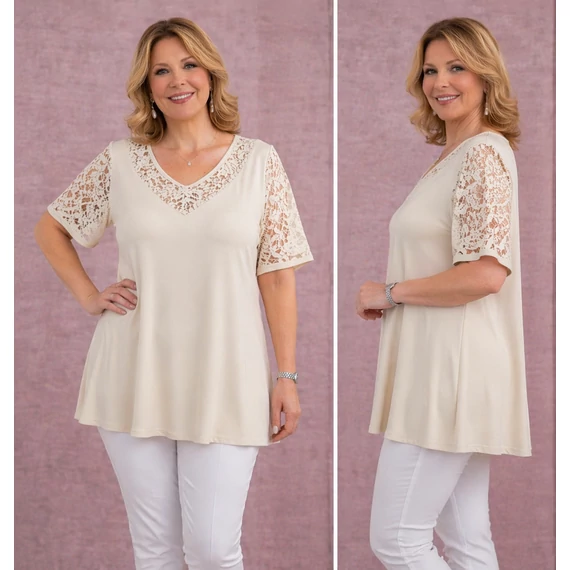 Csipkés ujjú, V-csipke nyakas tunika -BÉZS- 50-60 méret